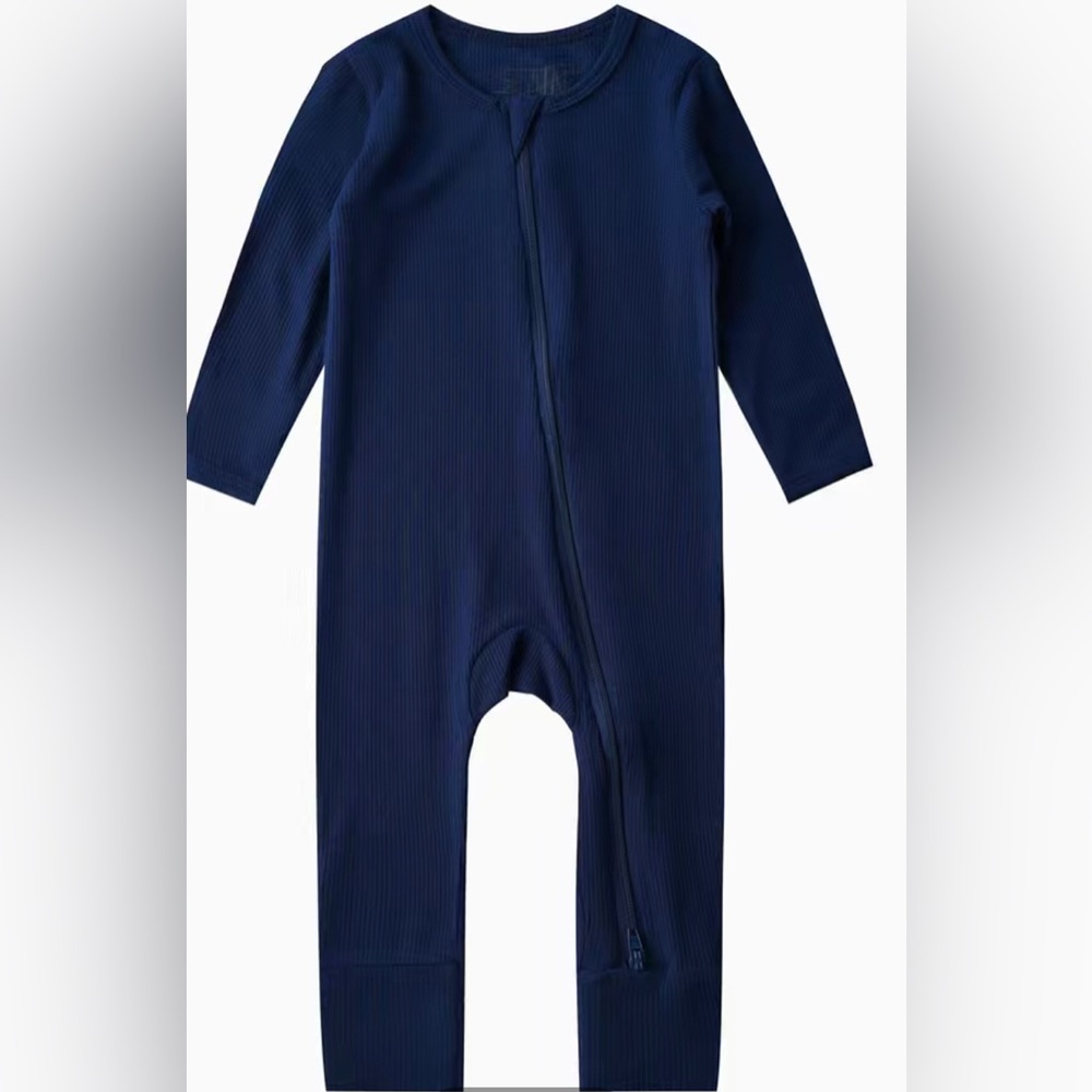 Navy ribbed bamboo sleeper with fold-over hands and feet